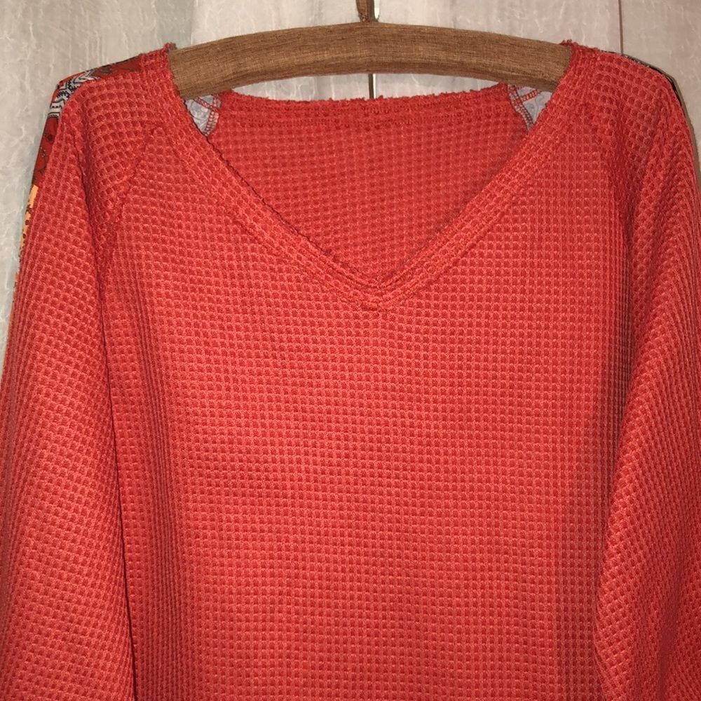M Orange Black White Waffle Knit V Neck Long Sleeve Pullover Top Floral - Picture 6 of 14